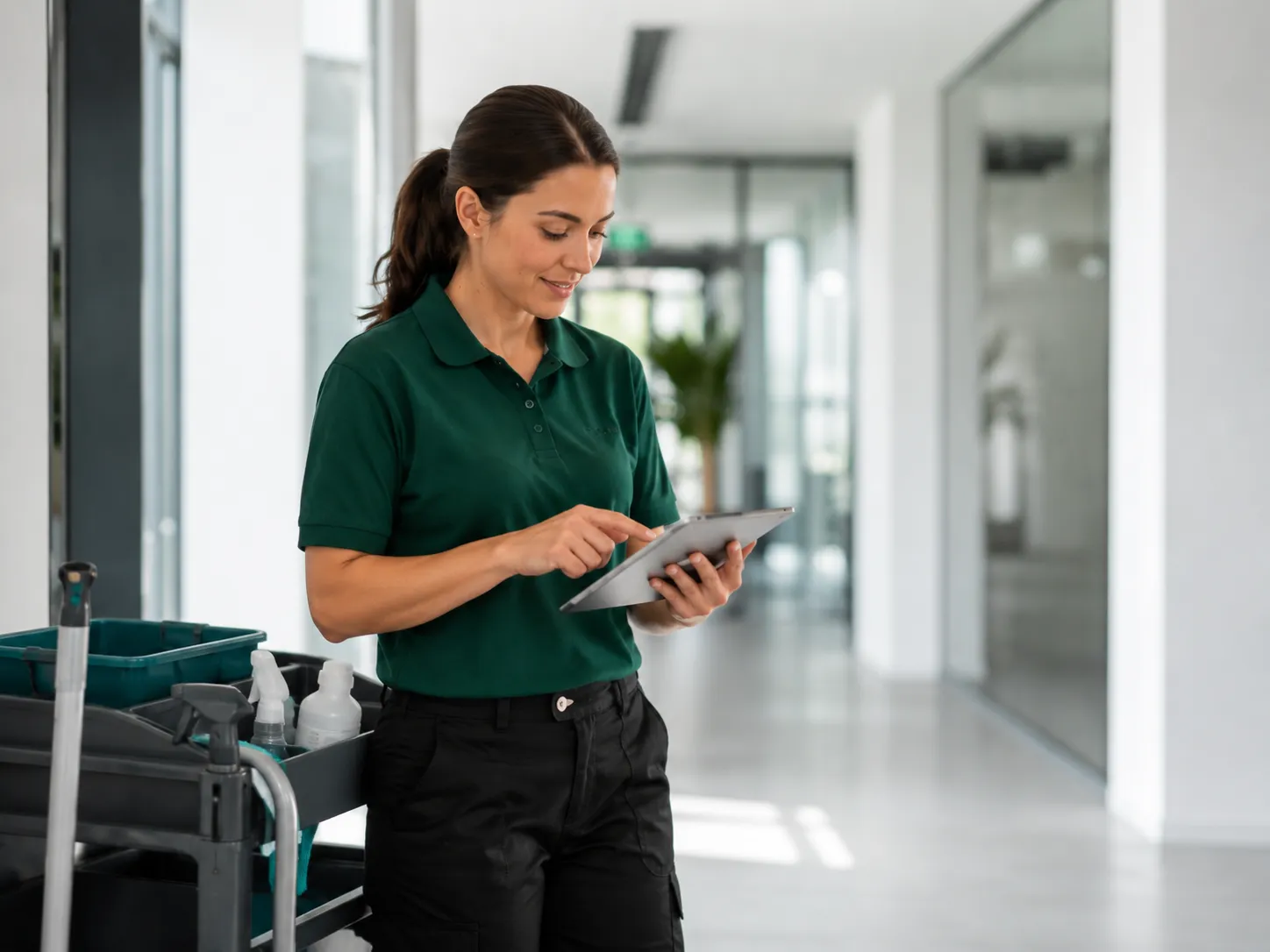 Person mit Tablet in einem Bürogebäude